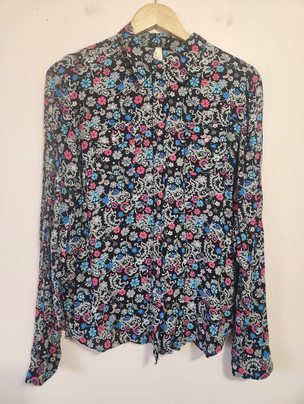 ROPER Pink Floral Pearl Snap Western Shirt Cowgirl Rodeo Long Sleeve XL EUC